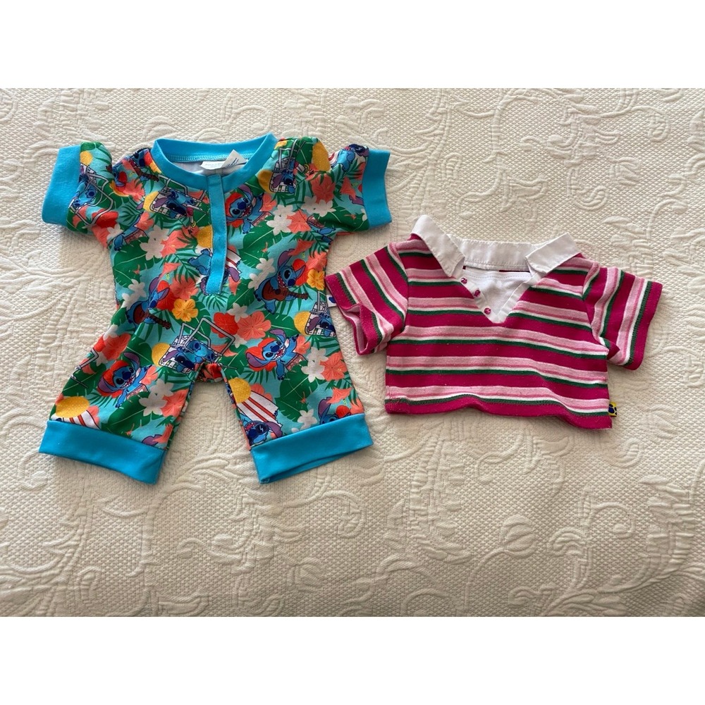 BAB Build A Bear 2 Lot Stitch Pajama Outfit Stripped Polo Gem